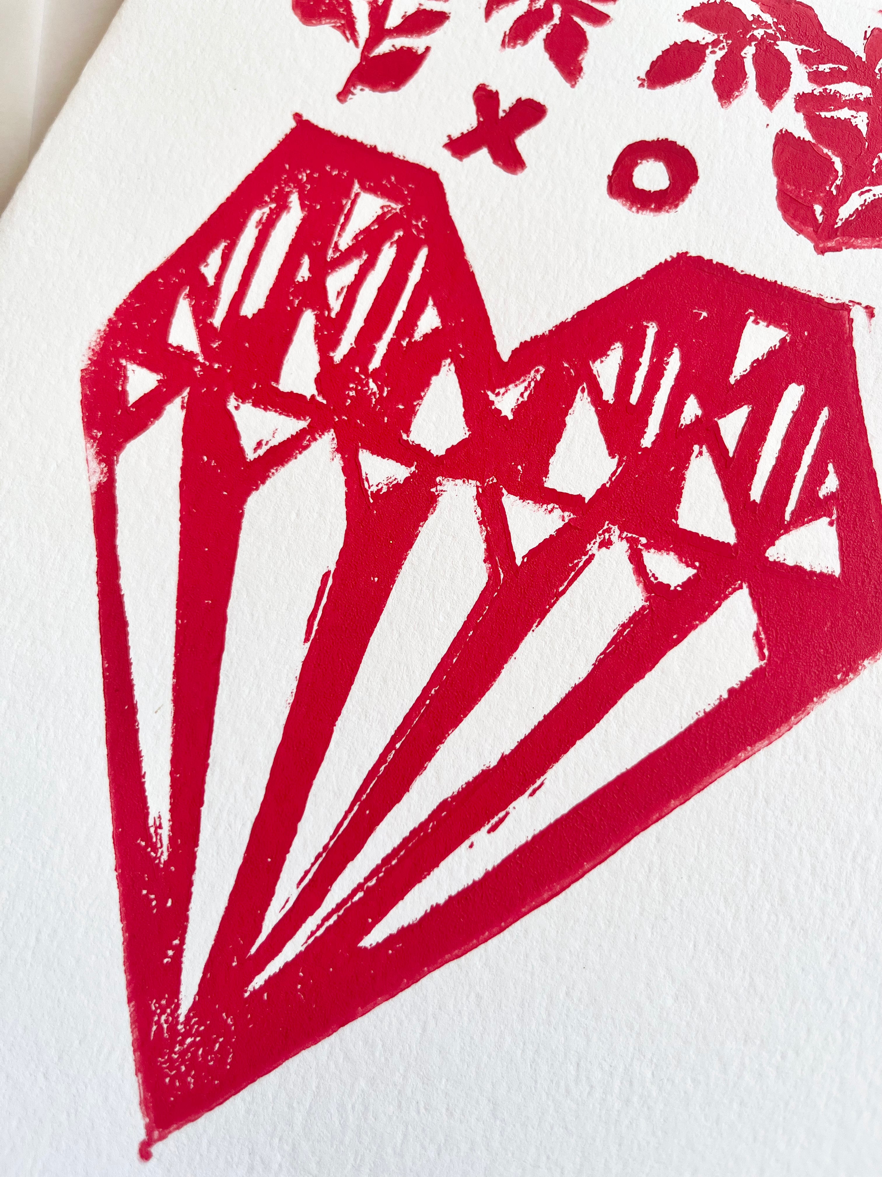block print hand made card with red heart 7.25" by 10" detail view