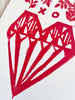 block print hand made card with red heart 7.25" by 10" detail view