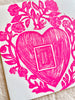 block print hand made card with bright pink heart 7" square detail view