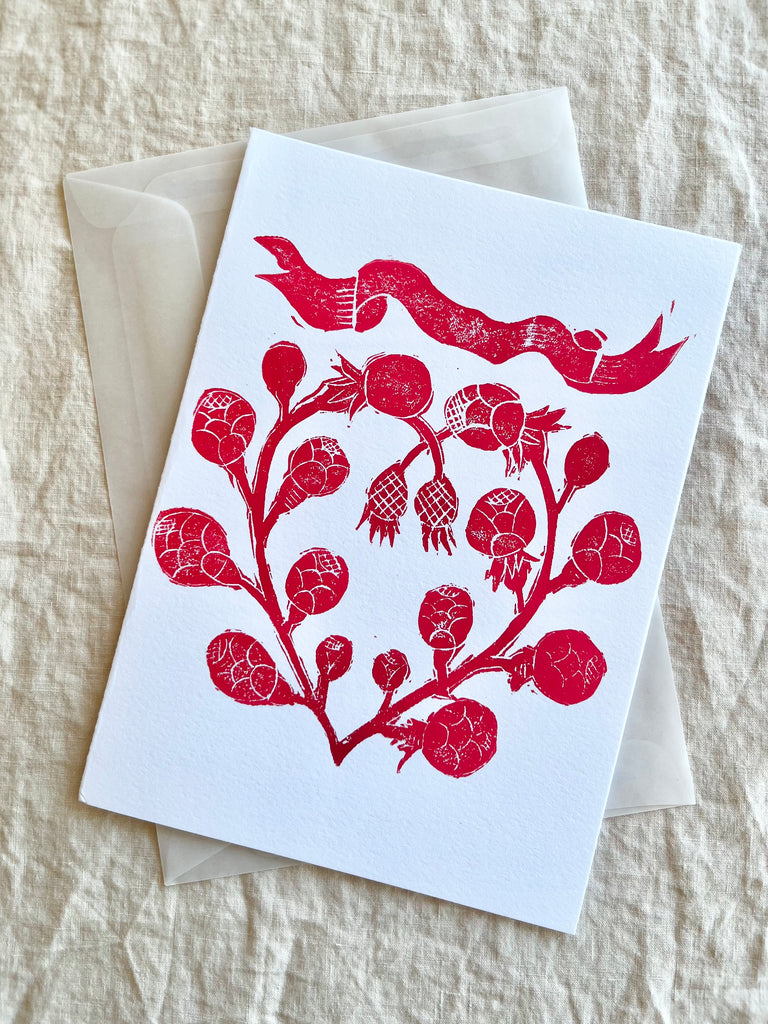 block print hand made card with red rosebud heart 7.25" by 10" with envelope