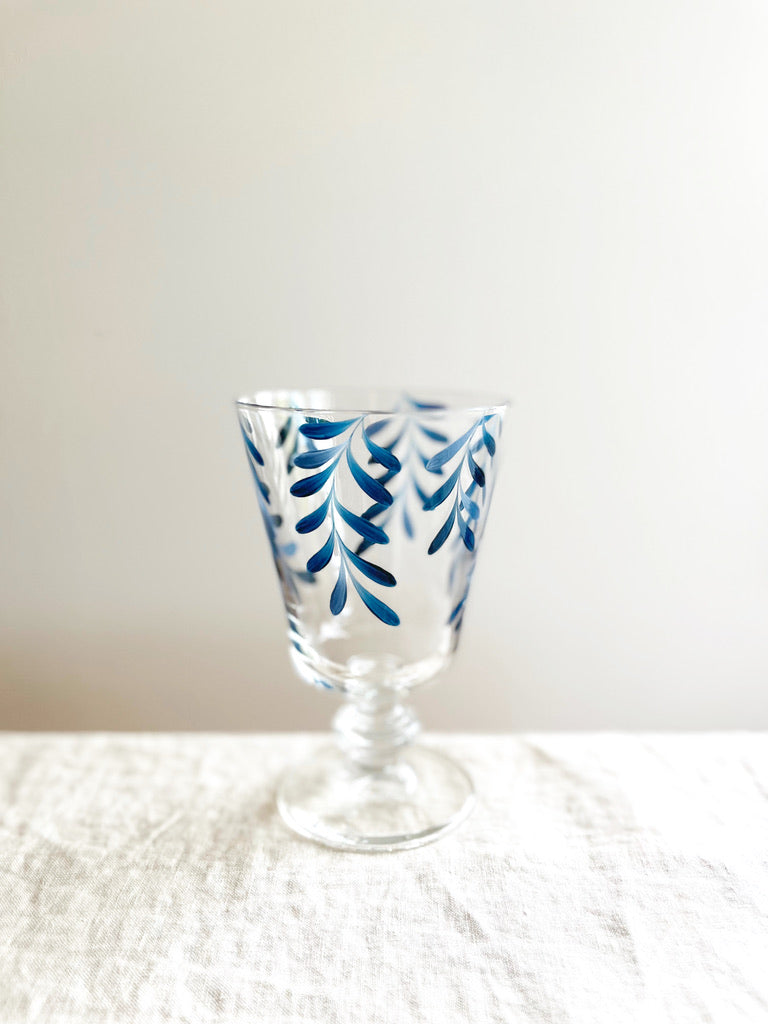 hand painted wine glasses with blue leaf stem pattern