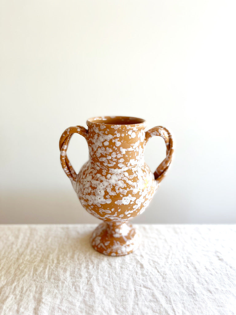 small brown amphora vase with white speckle pattern 8.25 inches tall
