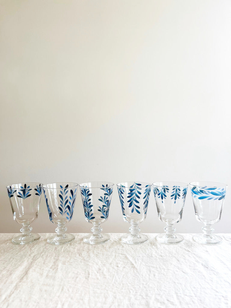 hand painted wine glasses with blue leaf pattern