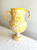 yellow amphora vase with white speckle pattern 13 inches tall detail view
