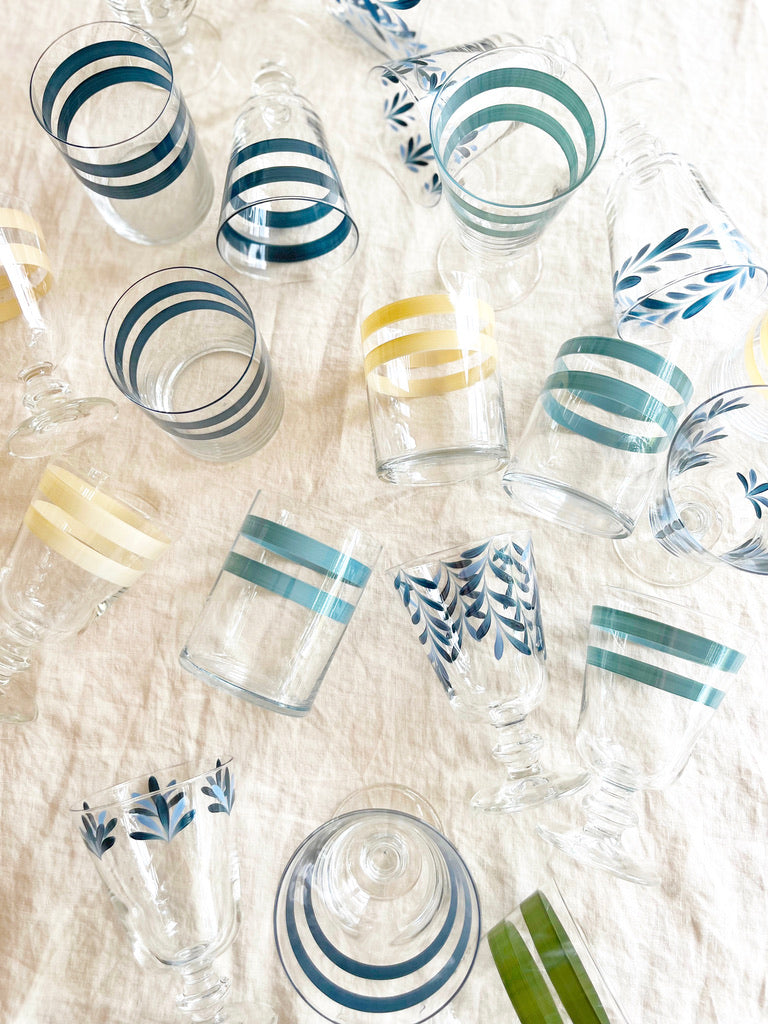 water glass with teal stripes 4 inch assorted colors