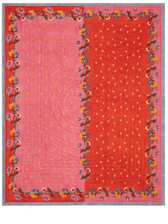 red cotton quilt with red and yellow roses on edge 86" by 106"