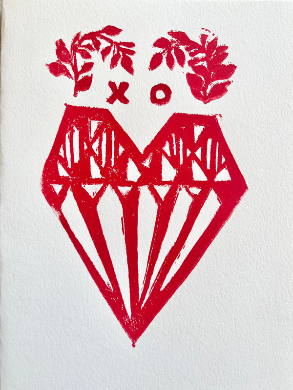 block print hand made card with red heart 7.25" by 10"