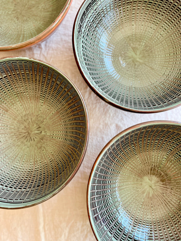 ceramic pasta bowl with peacock design in jade 11 inches in diameter group of four