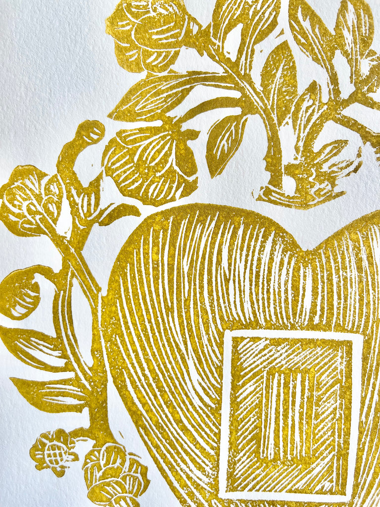 block print hand made card with gold heart 7" square detail view