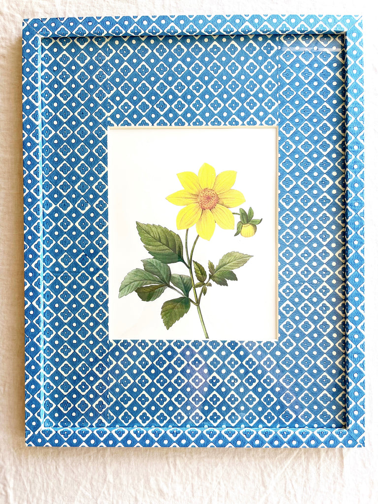 blue and white diamond print paper wrapped frame and mat with yellow botanical print 15" by 19"