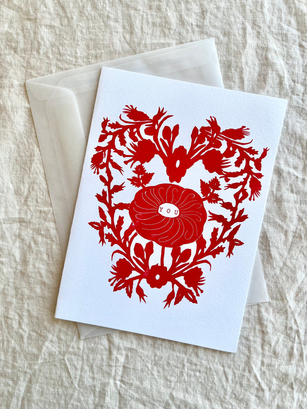 block print hand made card with red heart 7.25" by 10" with envelope