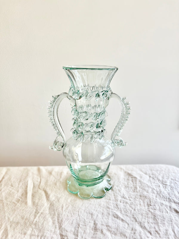 clear glass vase with two handles 14 inches tall