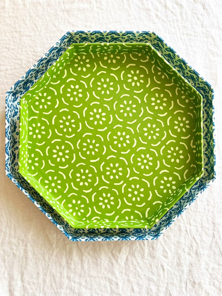 green octagonal paper tray with white floral print 11.5 inches nested in larger tray
