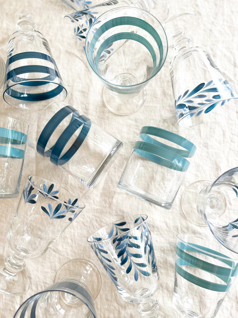 water glass with teal stripes 4 inch with blue styles