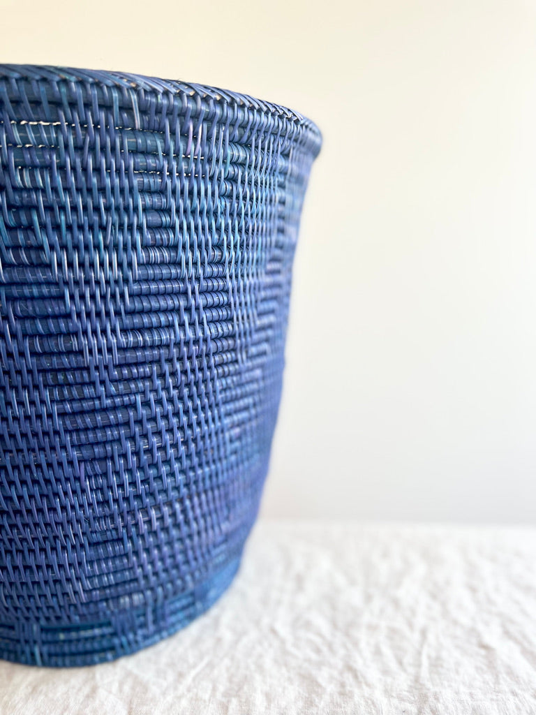 blue hand woven wastebasket detail view