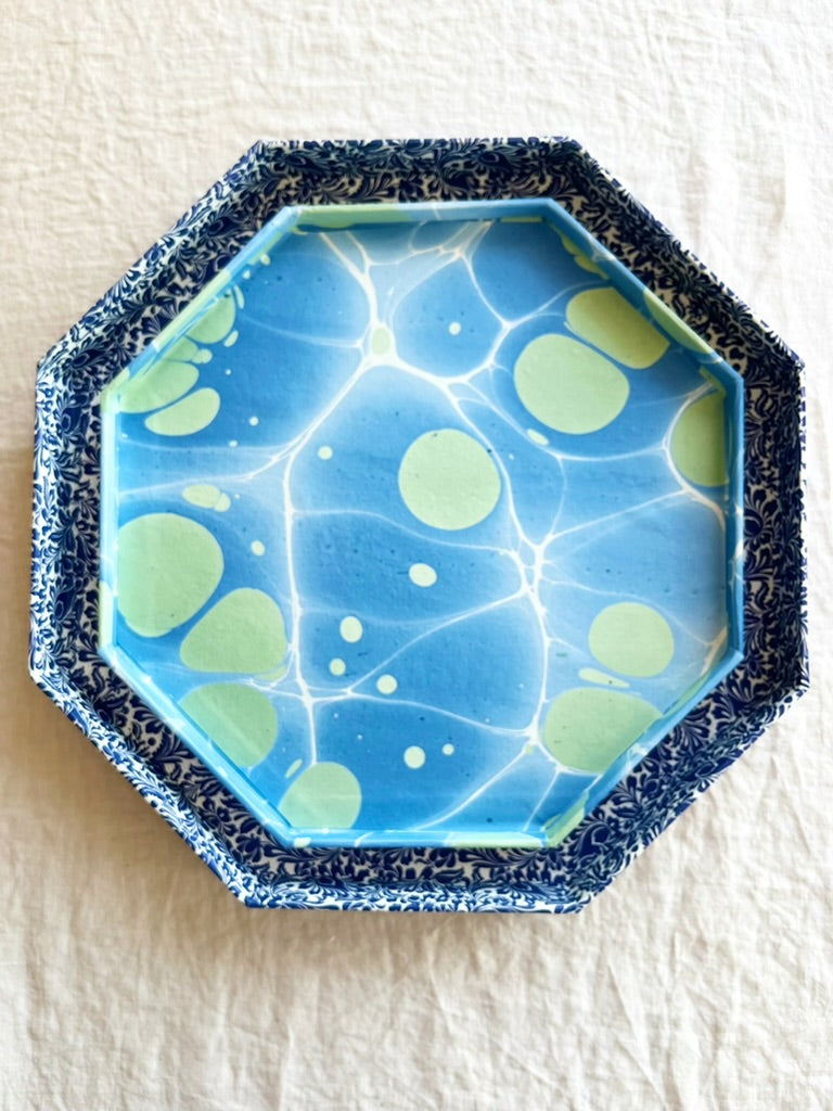 octagonal paper tray with navy and white paisley print 14 inches nested with smaller tray
