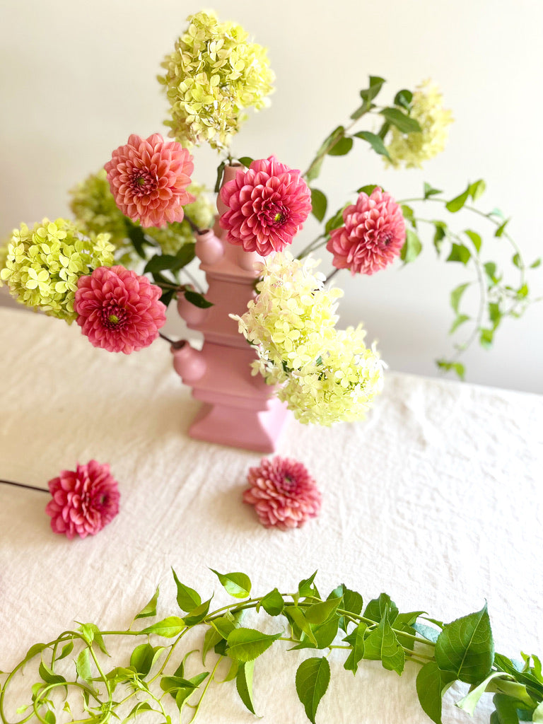 pink ceramic tulipiere tower 15.75 inches tall with dahlias
