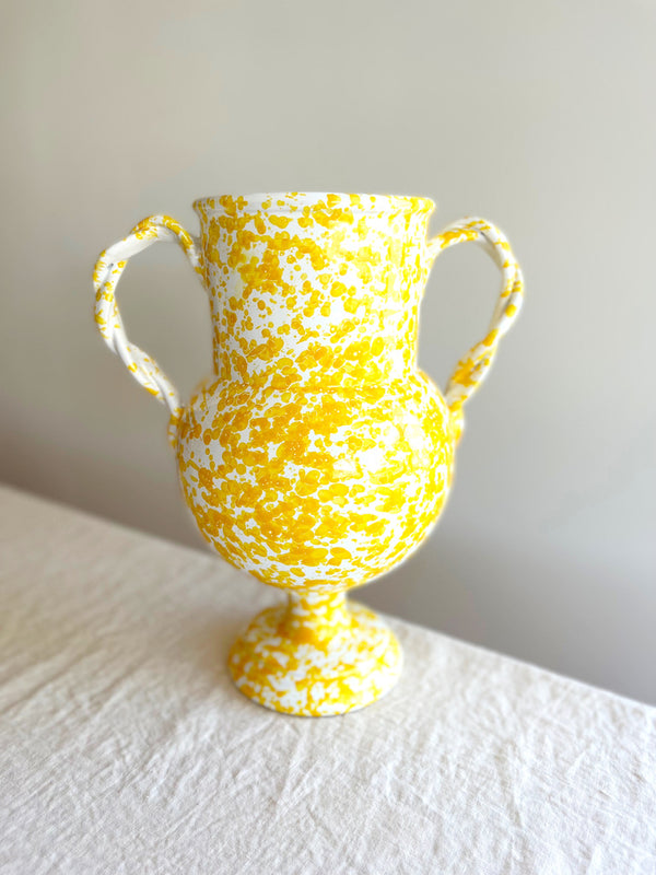 white amphora vase with yellow speckle pattern 13 inches tall detail view
