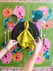 green and blue striped square cotton tablecloth with navy border and roses in center 86" by 86" with yellow napkin