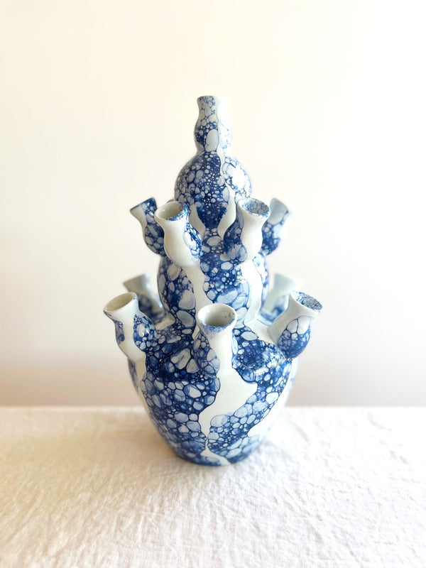 blue and white marble patterned tiered tulipiere 13 inches tall