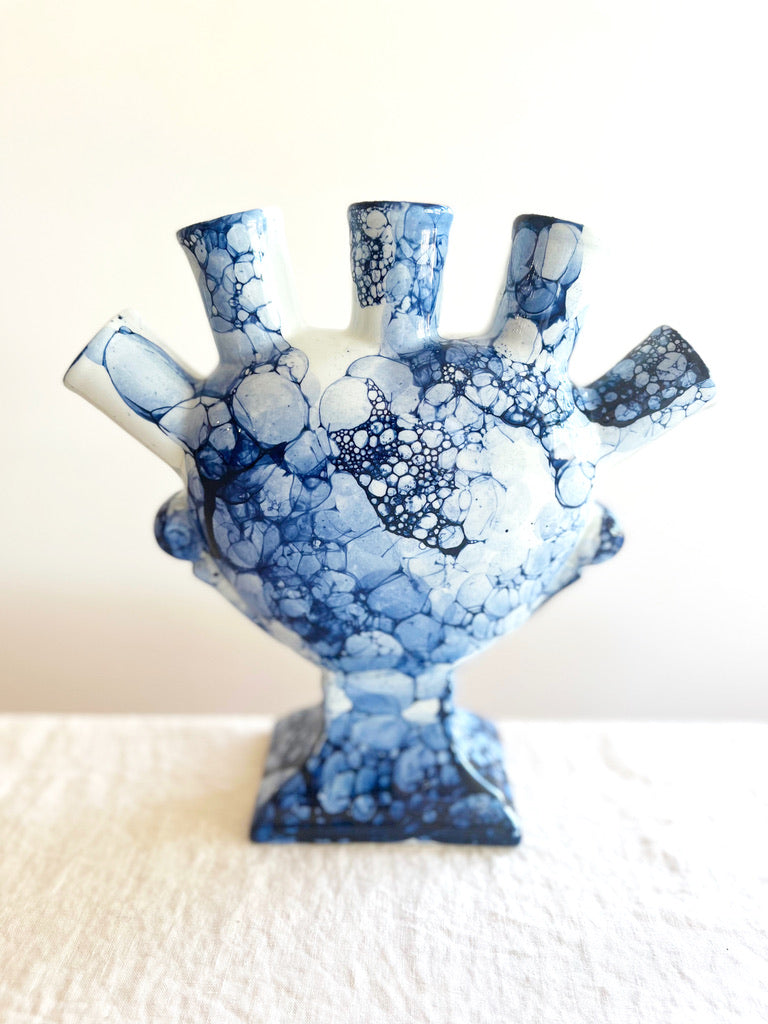 blue and white heart shaped tulipiere tower 10 inches tall detail view