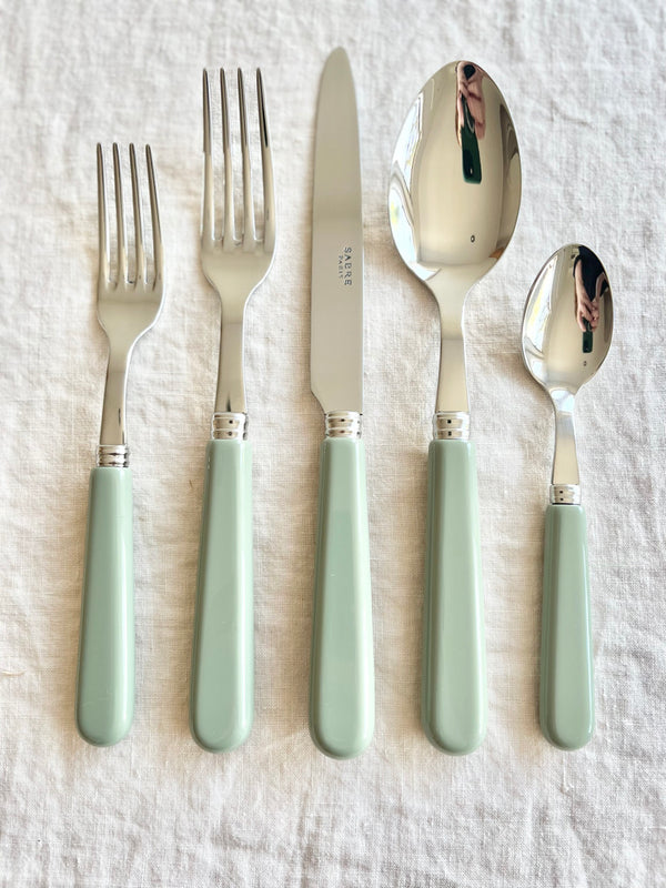 sabre stainless steel flatware set with sage green resin handle