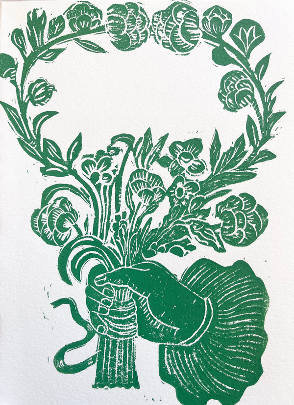 block print hand made card with green flower bouquet 7.25" by 10"