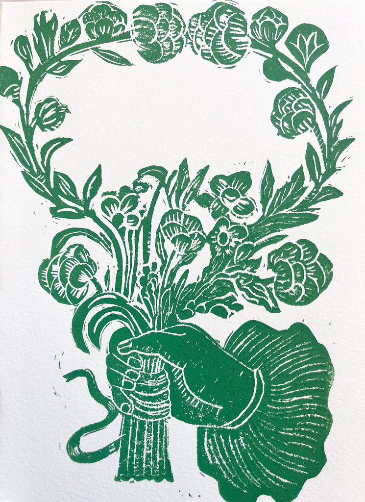 block print hand made card with green flower bouquet 7.25" by 10"
