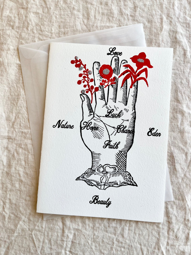 block print hand made card with open palmed hand 7.25" by 10" with envelope