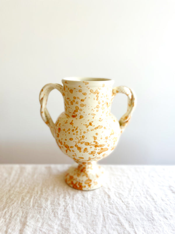 small white amphora vase with light brown speckle pattern 8.25 inches tall