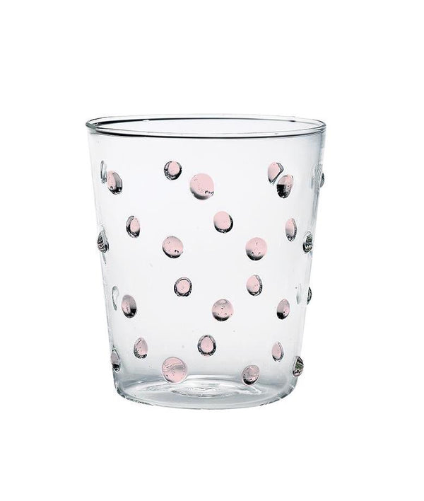 clear glass tumblers with pink glass dots detail view