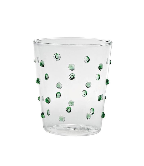 clear glass tumblers with green glass dots detail view