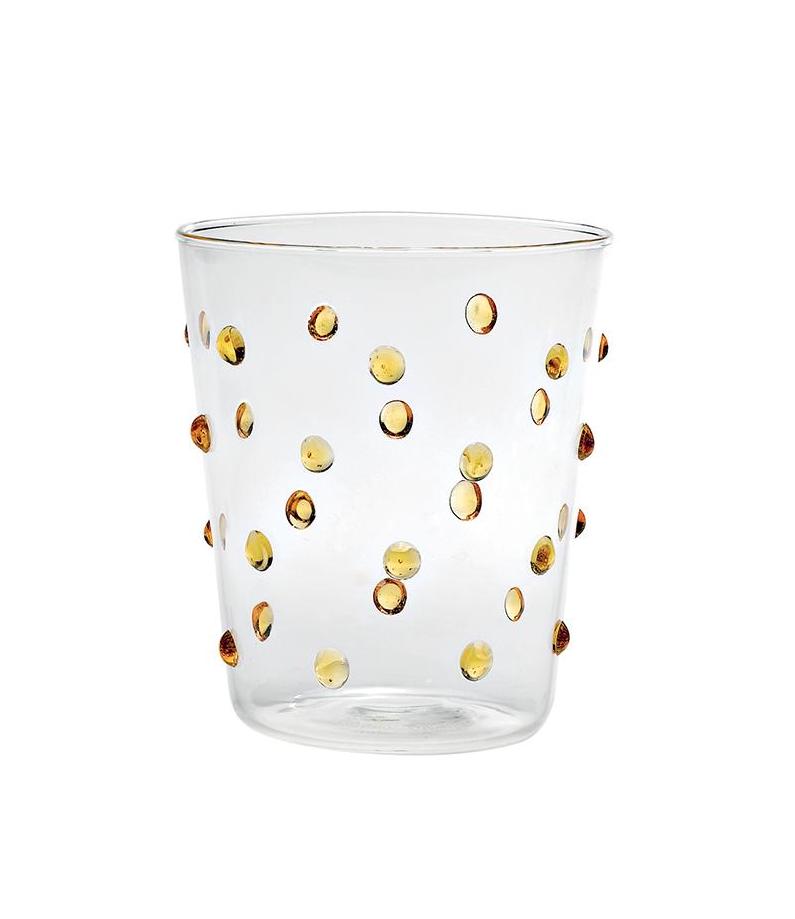 clear glass tumblers with yellow glass dots detail view