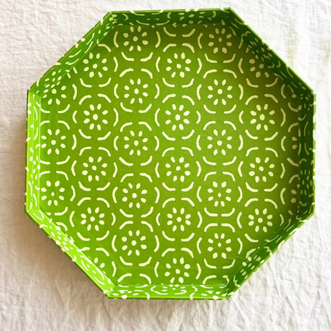 green octagonal paper tray with white floral print 11.5 inches