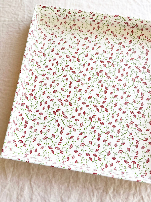 square white paper tray with red cherry print 11 inches detail view