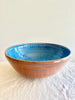 blue pasta bowl with peacock pattern side view twelve inch aegean