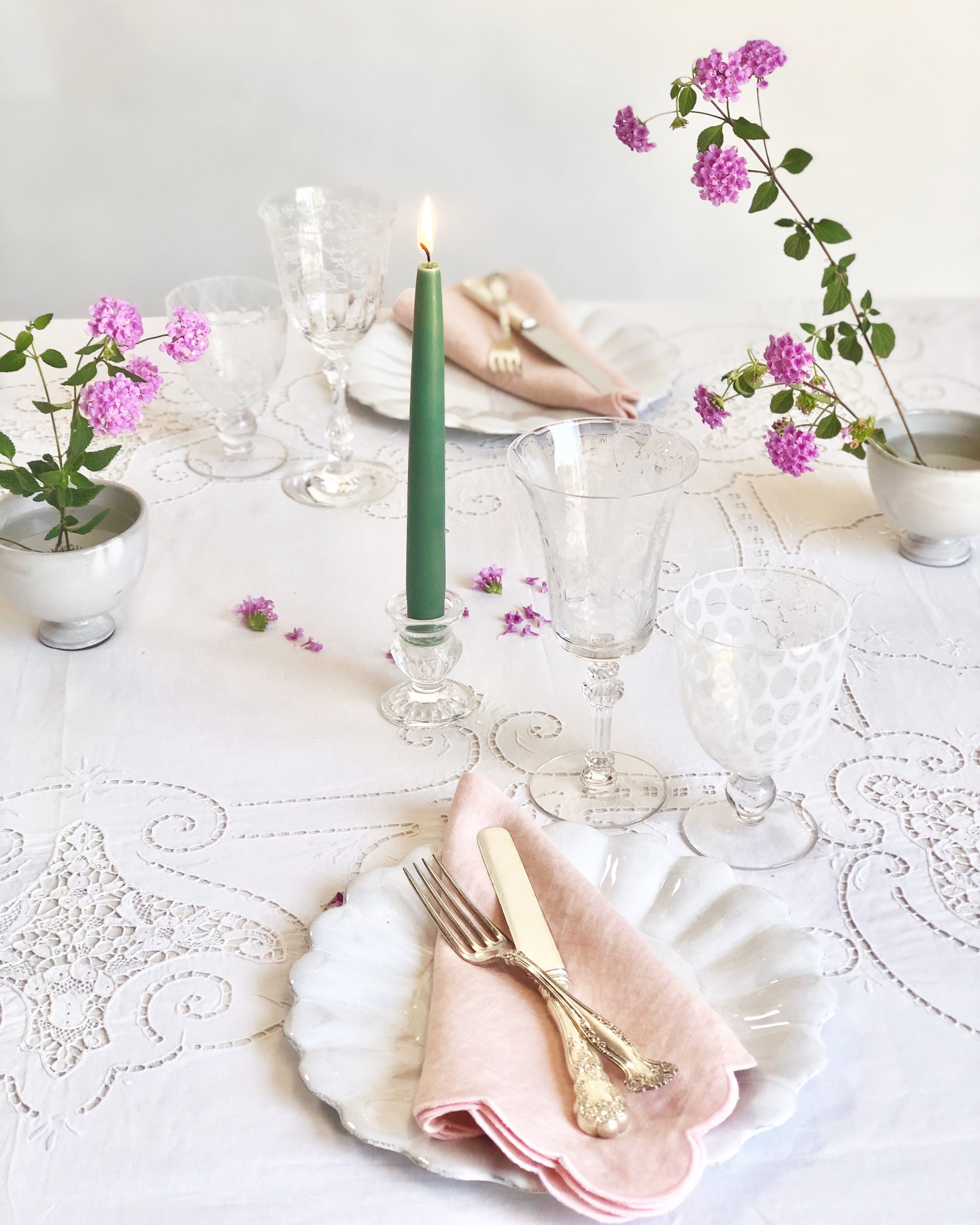 pink Scalloped Peony Napkins on a table setting