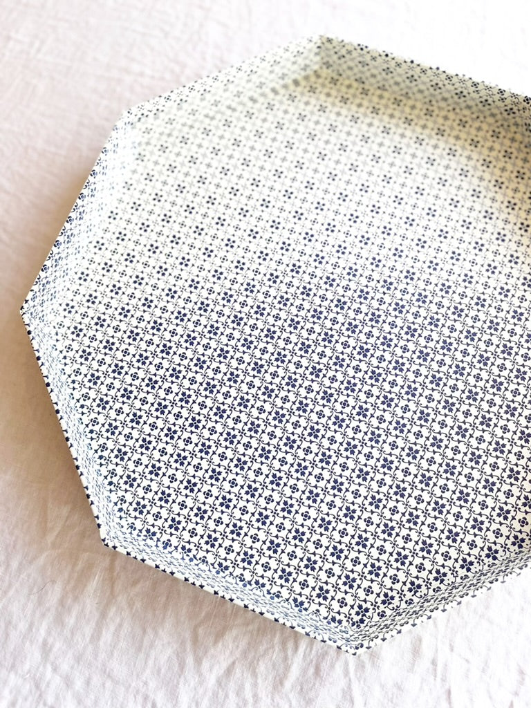 octagonal paper tray with tiny navy and white floral print 14 inches top view