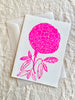 block print hand made card with large bright pink flower 7.25" by 10" with envelope