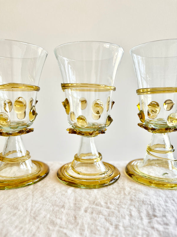 hand blown glass goblet with amber accents