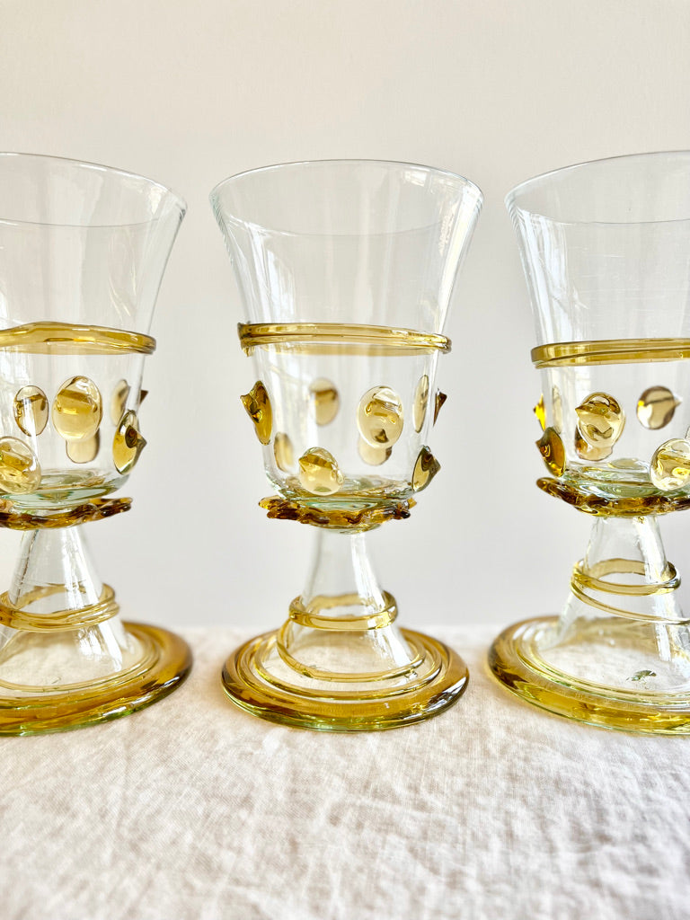 hand blown glass goblet with amber accents