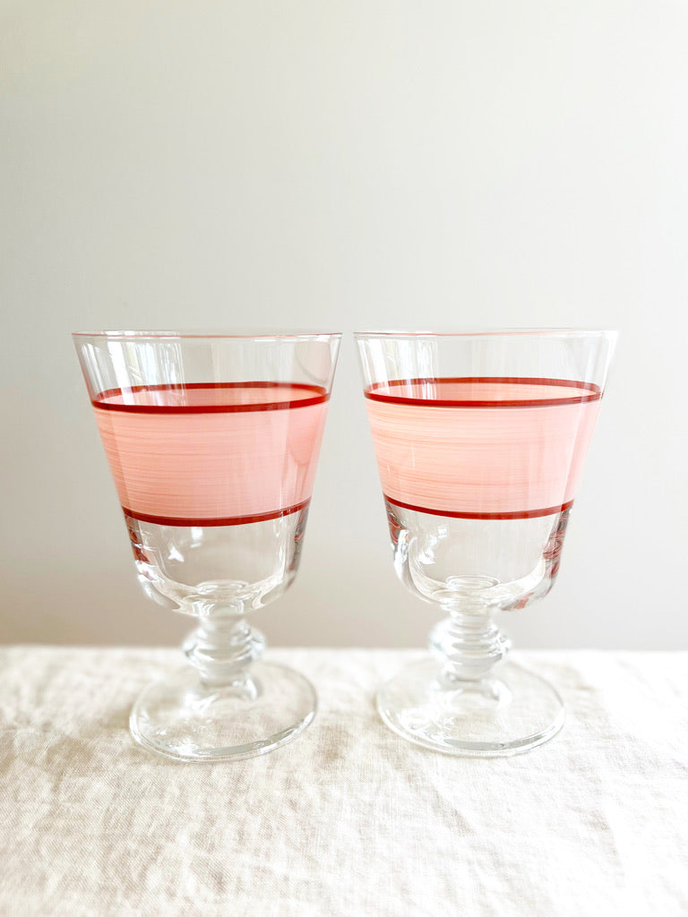 hand painted wine glass with peach and red stripe in group of two