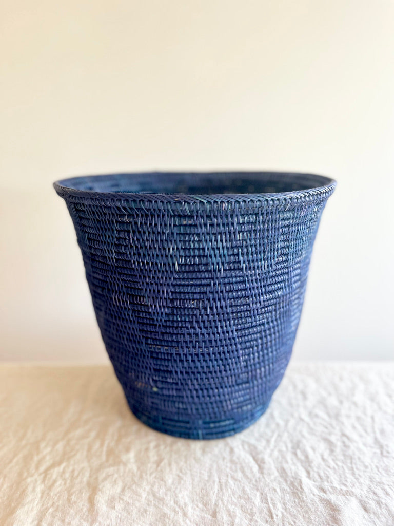 blue hand woven wastebasket