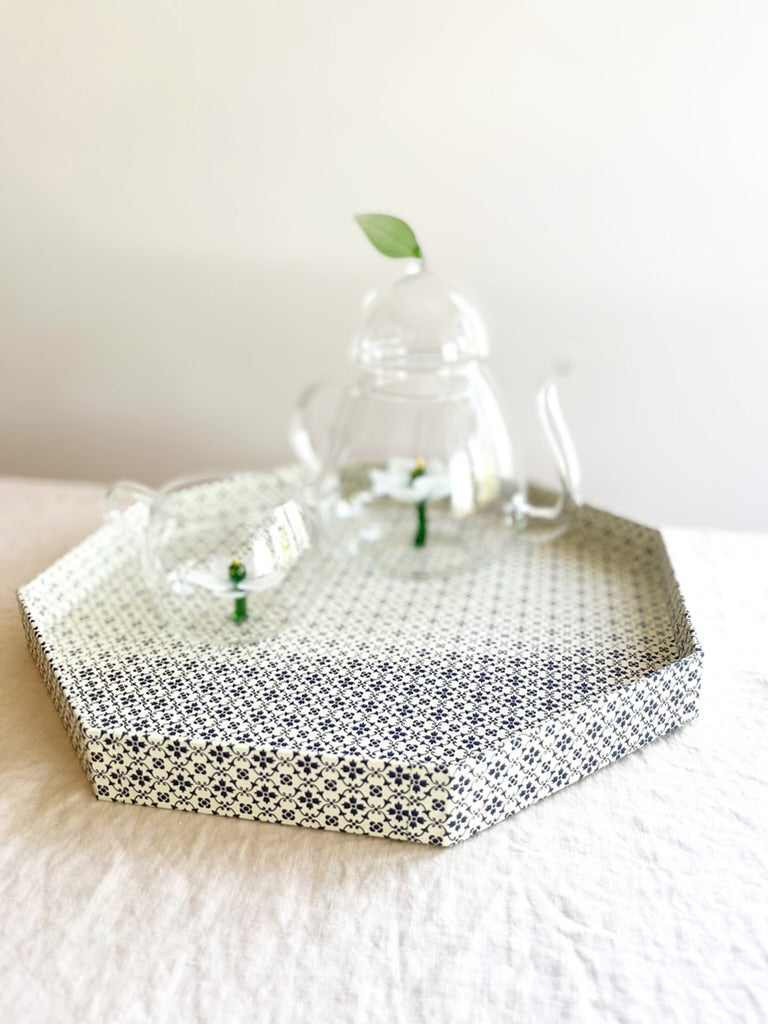 octagonal paper tray with tiny navy and white floral print 14 inches with lotus teapot