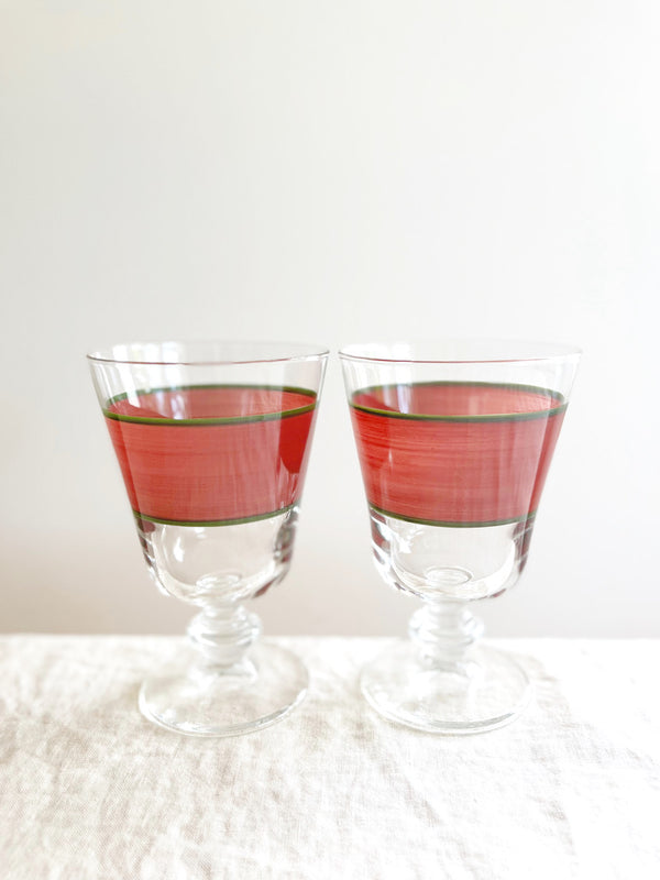 hand painted wine glass with red and green stripe group of two