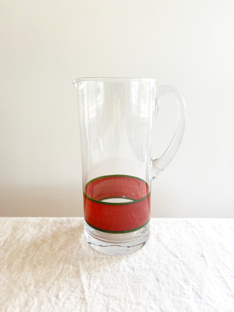 glass pitcher with hand painted red and green stripes 