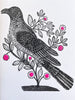block print hand made card black and white bird with pink flowers 7.25" by 10"