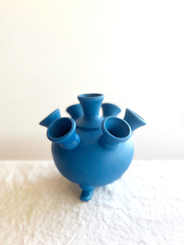 blue ceramic footed tulipiere 6 inches tall