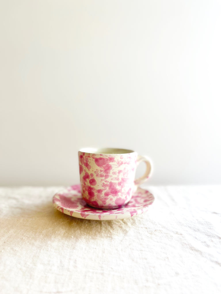 cream fasano espresso cup with pink splatter pattern