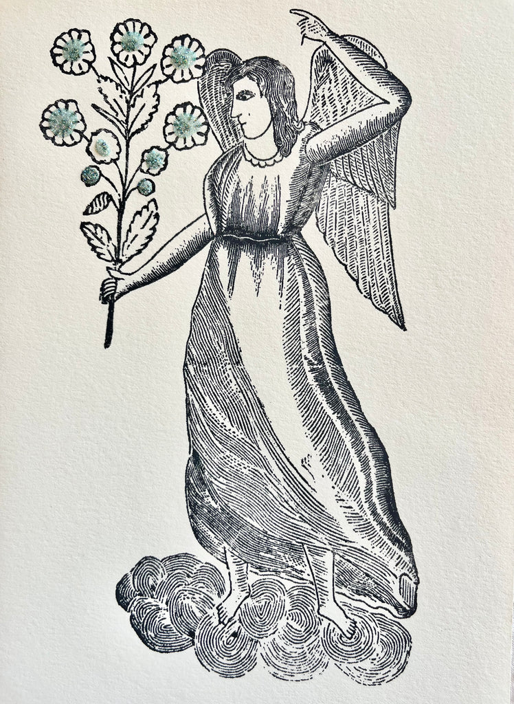 block print hand made card with black and white angel 7.25" by 10"